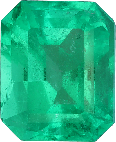 Rectangular cut colombian emerald, 8.97 by 7.36 mm, shown at actual size