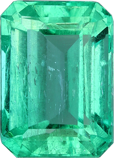 Rectangular cut colombian emerald, 8.22 by 5.92 mm, shown at actual size