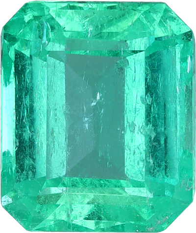 Rectangular cut colombian emerald, 8.15 by 6.89 mm, shown at actual size