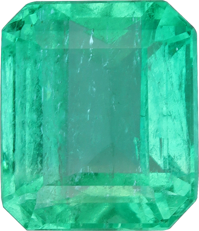 Rectangular cut colombian emerald, 8.16 by 7.03 mm, shown at actual size