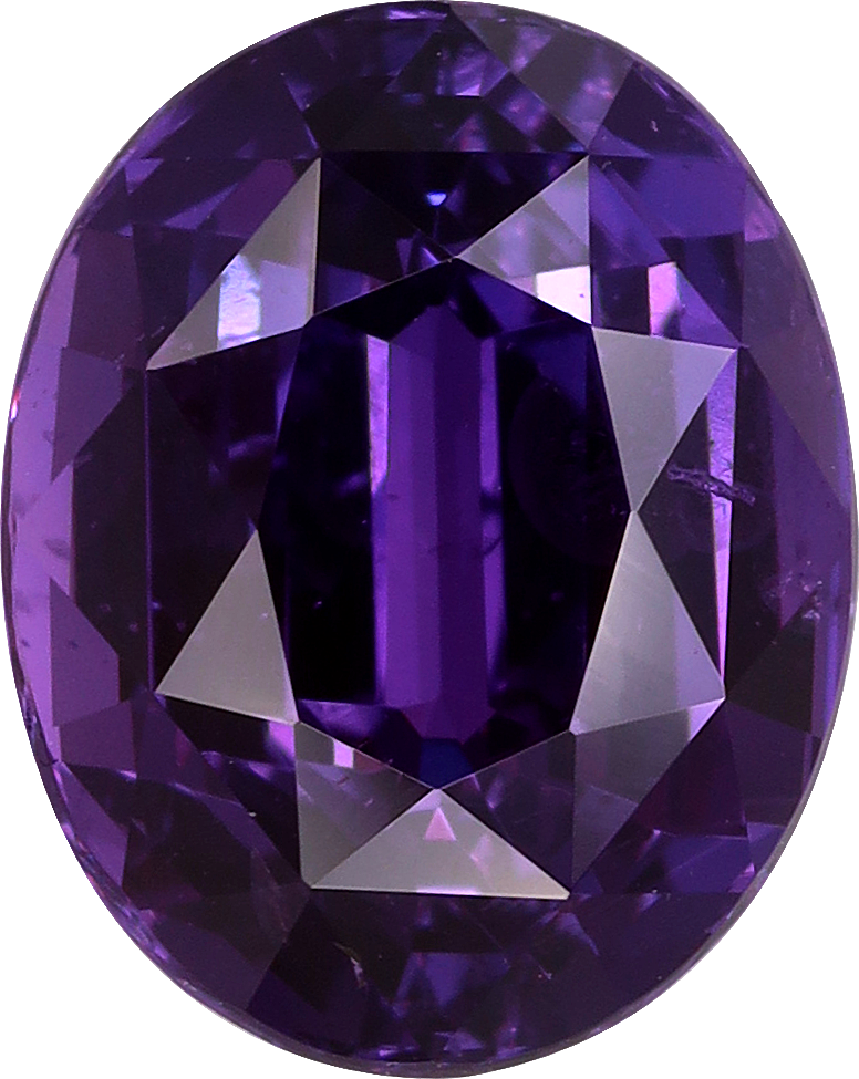 Oval cut purple sapphire, 8.49 by 6.73 mm, shown at actual size