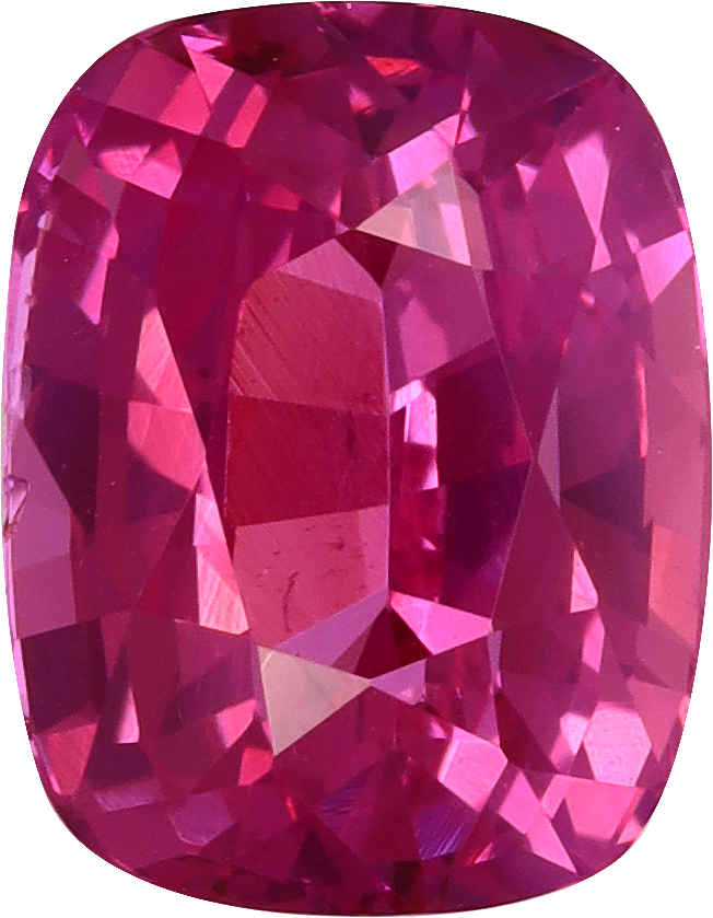 Cushion cut pink sapphire, 7.64 by 5.92 mm, shown at actual size