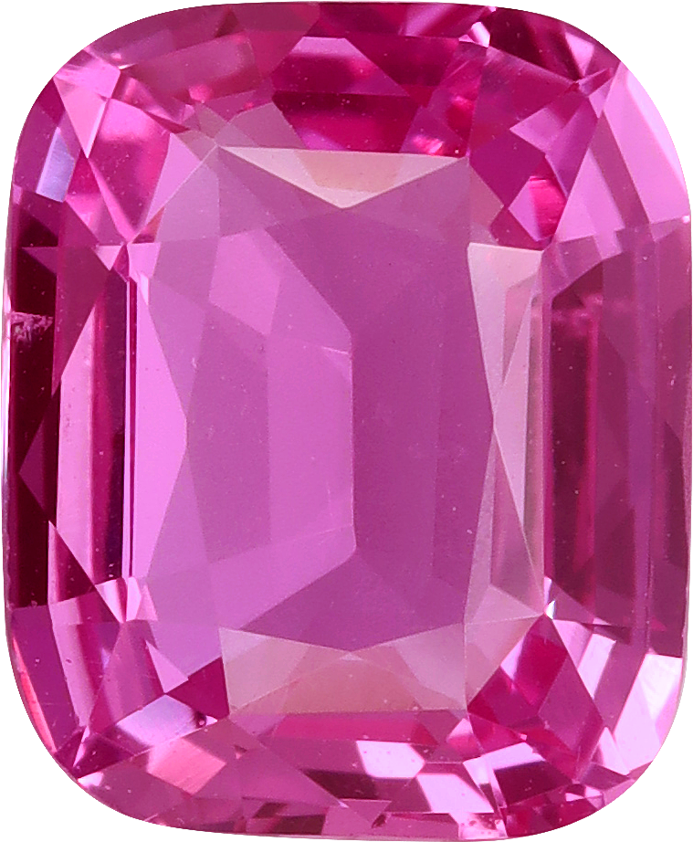 Cushion cut pink sapphire, 8.63 by 7.07 mm, shown at actual size