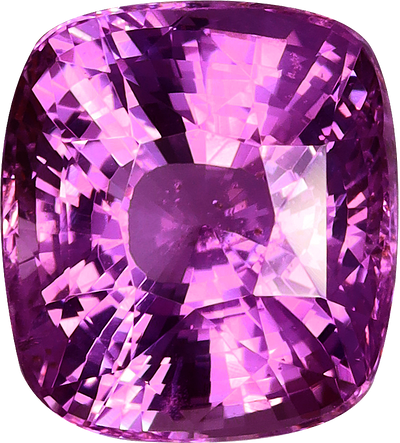 Cushion cut purple sapphire, 7.76 by 6.97 mm, shown at actual size
