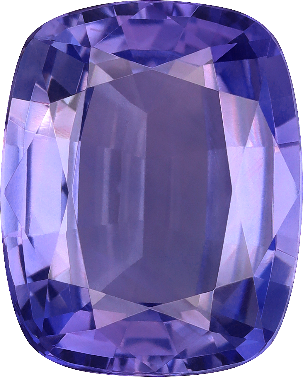 Cushion cut purple sapphire, 13.11 by 10.49 mm, shown at actual size