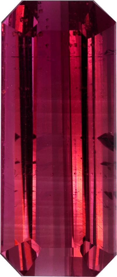 Rectangular cut pink tourmaline, 18.7 by 7.8 mm, shown at actual size
