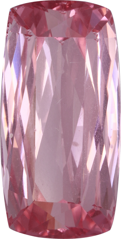 Cushion cut pink tourmaline, 15.51 by 7.8 mm, shown at actual size