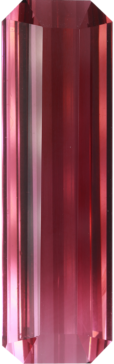 Rectangular cut pink tourmaline, 37.6 by 11.5 mm, shown at actual size