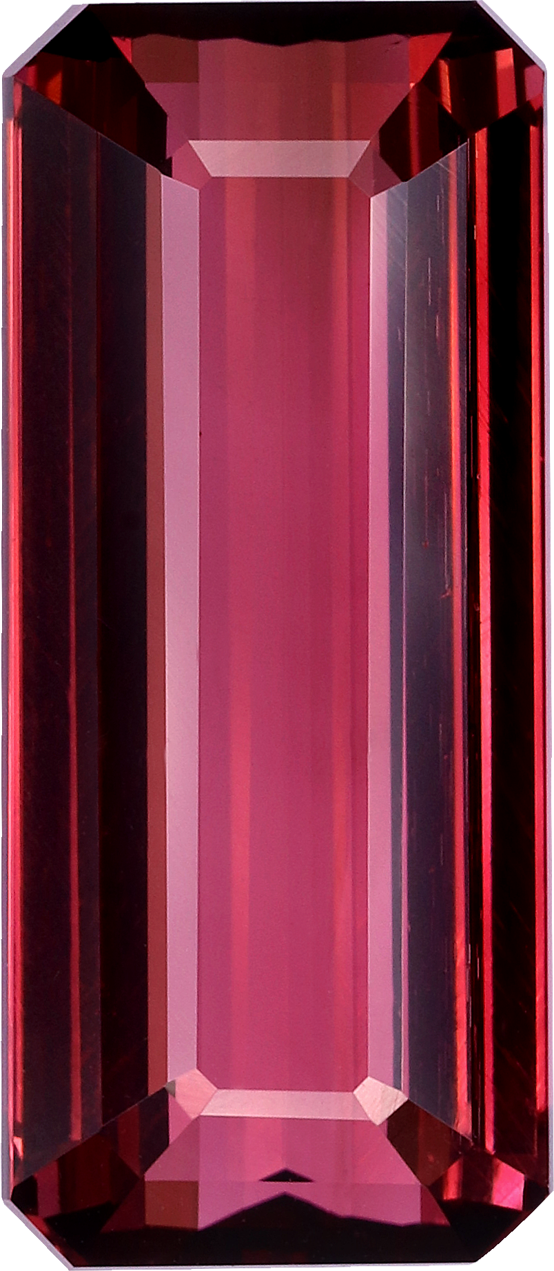 Rectangular cut pink tourmaline, 18.4 by 8 mm, shown at actual size