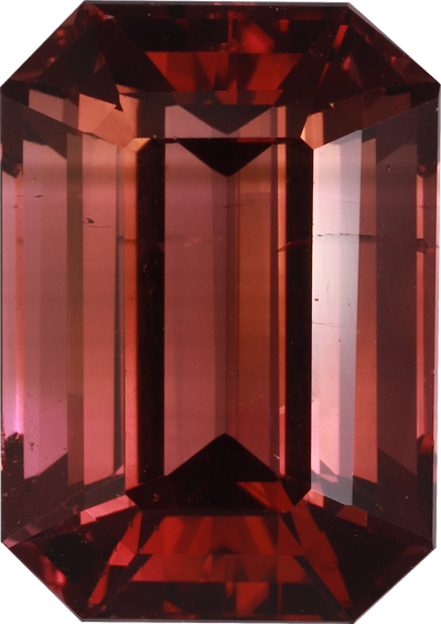 Rectangular cut pink tourmaline, 14.34 by 10.15 mm, shown at actual size