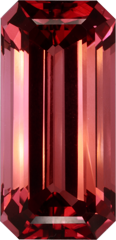 Rectangular cut pink tourmaline, 25.58 by 12.39 mm, shown at actual size