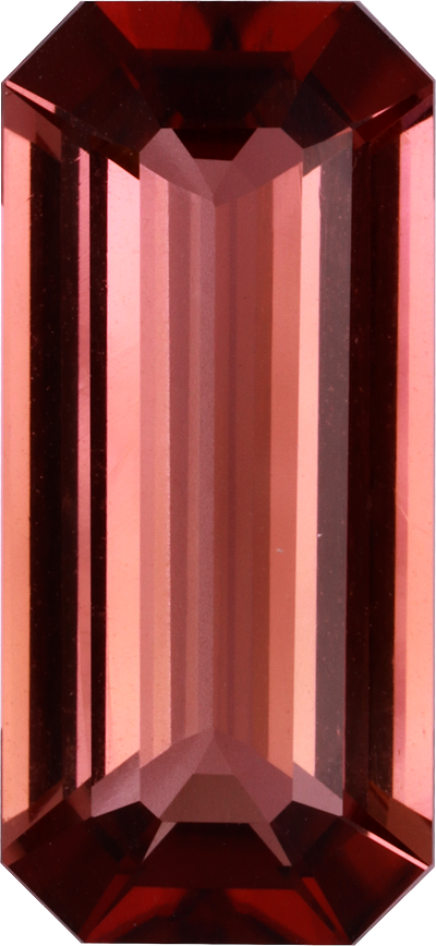 Rectangular cut pink tourmaline, 17.32 by 7.96 mm, shown at actual size