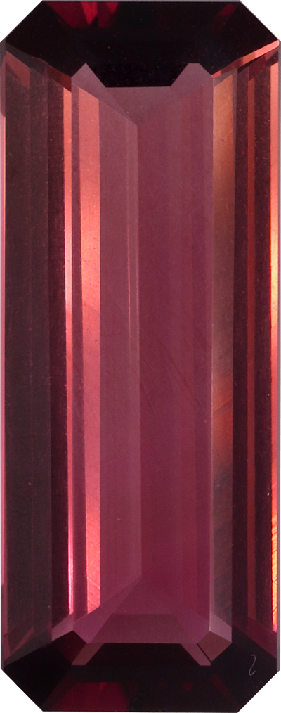 Rectangular cut pink tourmaline, 24.55 by 9.73 mm, shown at actual size