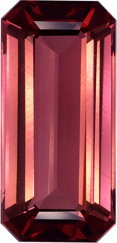 Rectangular cut pink tourmaline, 18.13 by 8.69 mm, shown at actual size