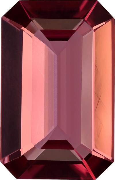 Rectangular cut pink tourmaline, 16.1 by 10.25 mm, shown at actual size