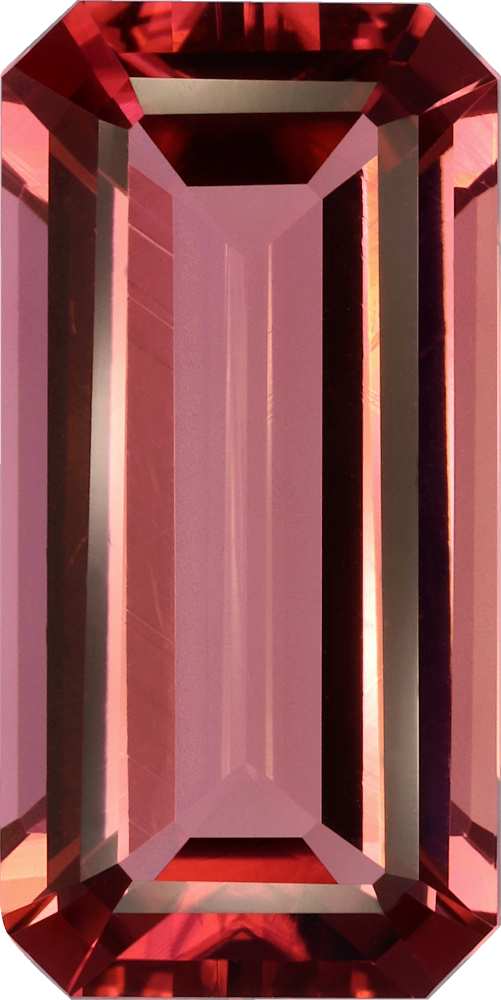 Rectangular cut pink tourmaline, 18.5 by 9.29 mm, shown at actual size
