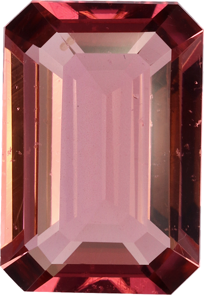 Rectangular cut pink tourmaline, 11.56 by 7.9 mm, shown at actual size