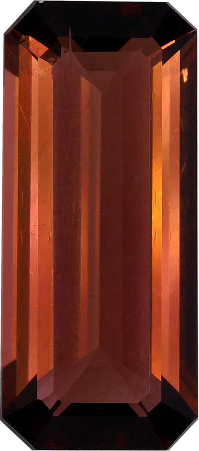 Rectangular cut pink tourmaline, 15.53 by 6.84 mm, shown at actual size