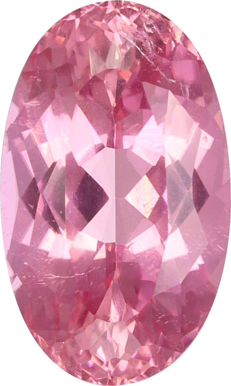 Oval cut pink tourmaline, 11.84 by 7.18 mm, shown at actual size