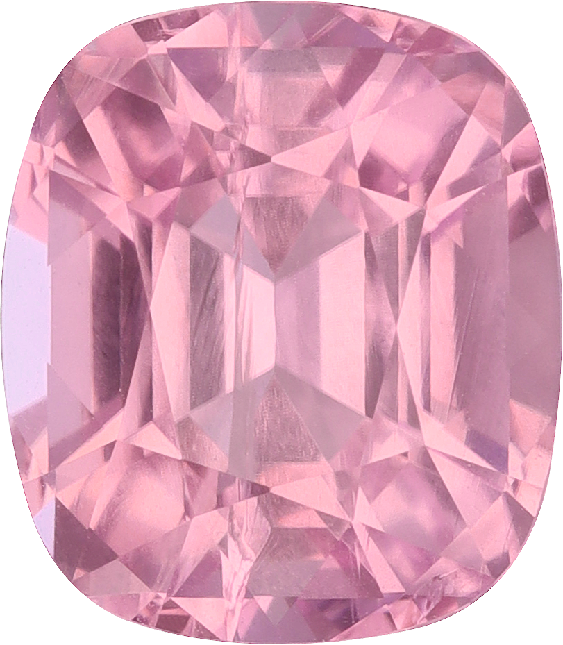 Cushion cut pink tourmaline, 8.76 by 7.66 mm, shown at actual size