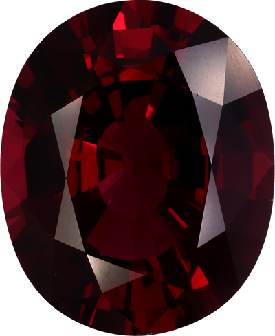 Oval cut rhodolite garnet, 19.71 by 14.65 mm, shown at actual size