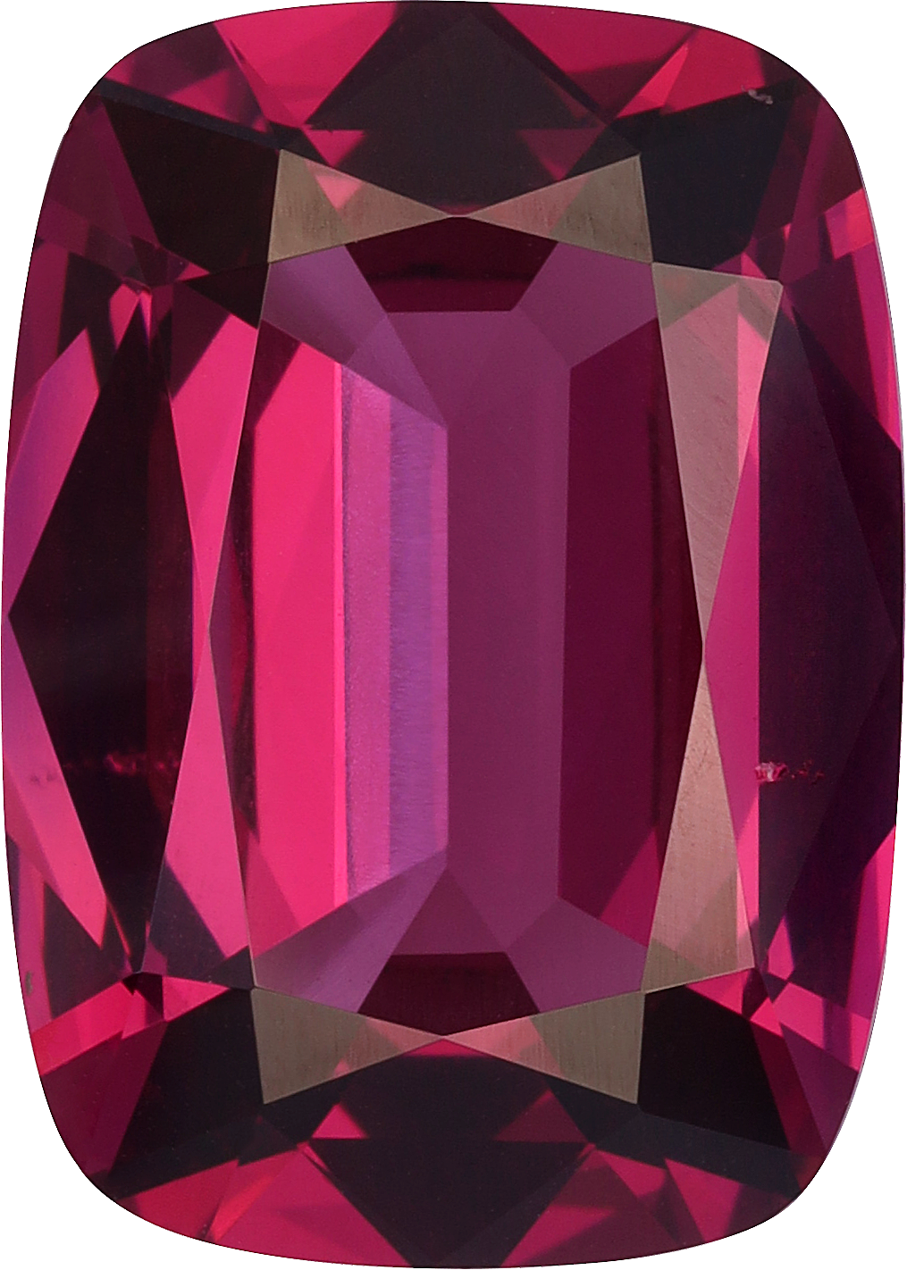 Cushion cut rhodolite garnet, 14.09 by 10.03 mm, shown at actual size