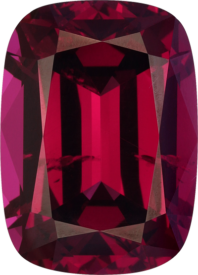 Cushion cut rhodolite garnet, 14.11 by 10.18 mm, shown at actual size