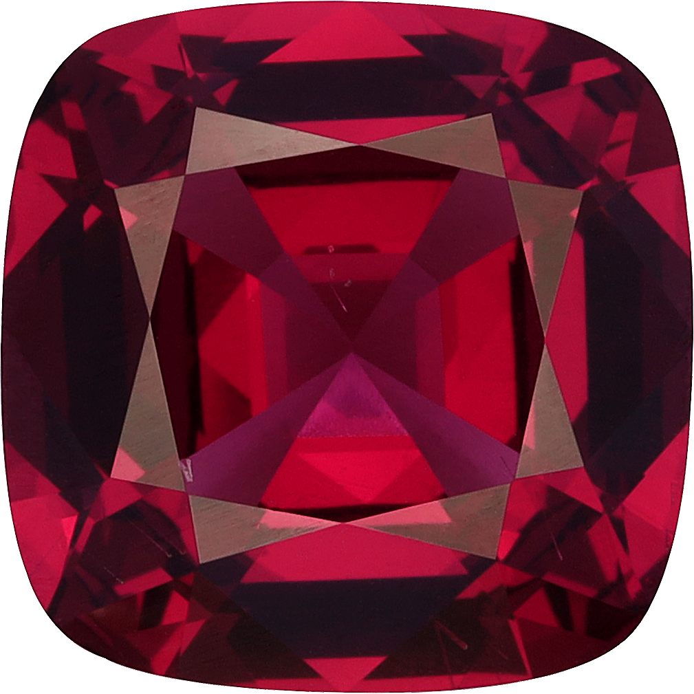 Cushion cut rhodolite garnet, 10.02 by 10.01 mm, shown at actual size