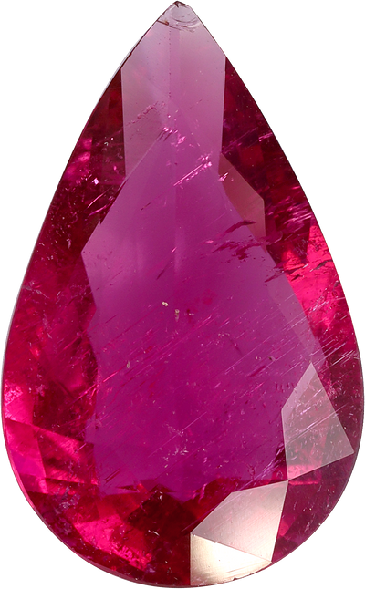 Pear cut rubellite tourmaline, 18.1 by 11.2 mm, shown at actual size