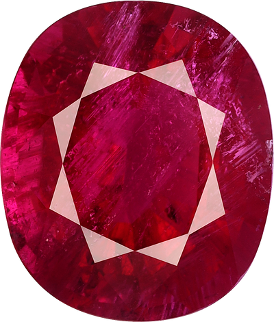 Cushion cut rubellite tourmaline, 10.38 by 8.84 mm, shown at actual size