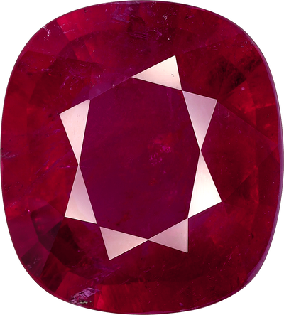 Cushion cut rubellite tourmaline, 14.84 by 13.36 mm, shown at actual size