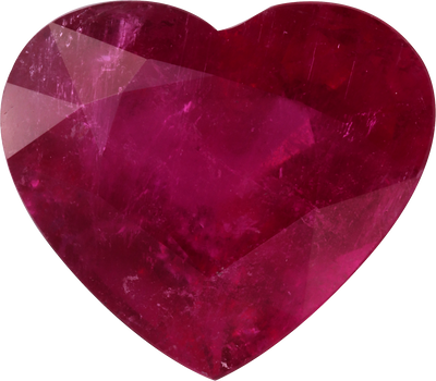 Heart cut rubellite tourmaline, 14.7 by 12.9 mm, shown at actual size
