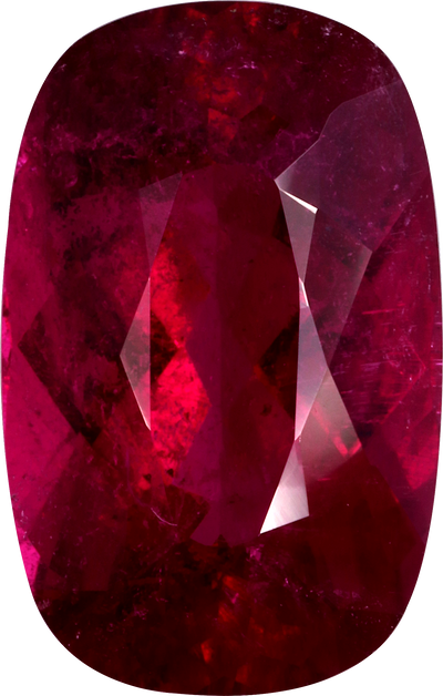 Cushion cut rubellite tourmaline, 15.59 by 9.87 mm, shown at actual size
