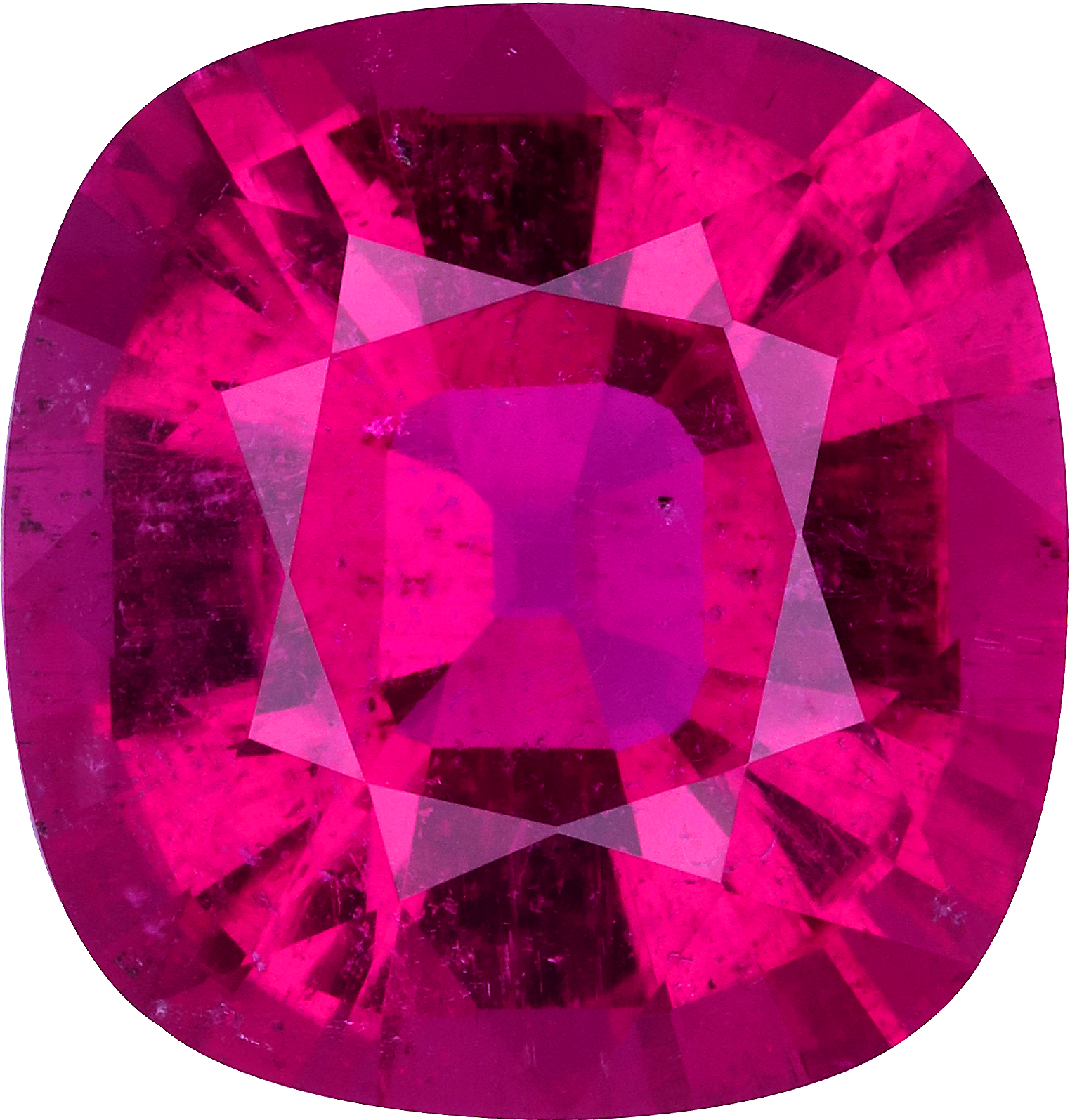 Cushion cut rubellite tourmaline, 17.53 by 16.75 mm, shown at actual size