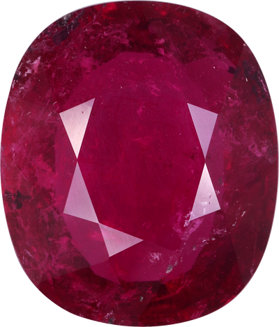 Cushion cut rubellite tourmaline, 16.13 by 13.7 mm, shown at actual size