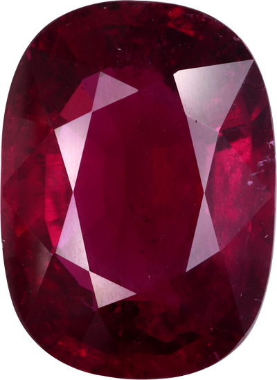 Cushion cut rubellite tourmaline, 16.78 by 12.19 mm, shown at actual size