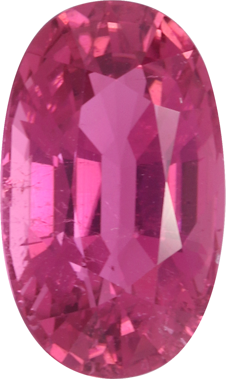 Oval cut rubellite tourmaline, 13.2 by 7.9 mm, shown at actual size
