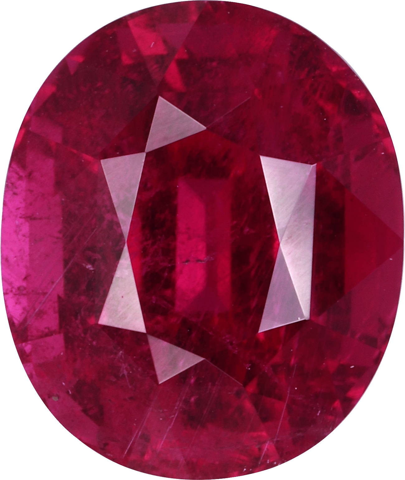 Oval cut rubellite tourmaline, 13.2 by 11.1 mm, shown at actual size