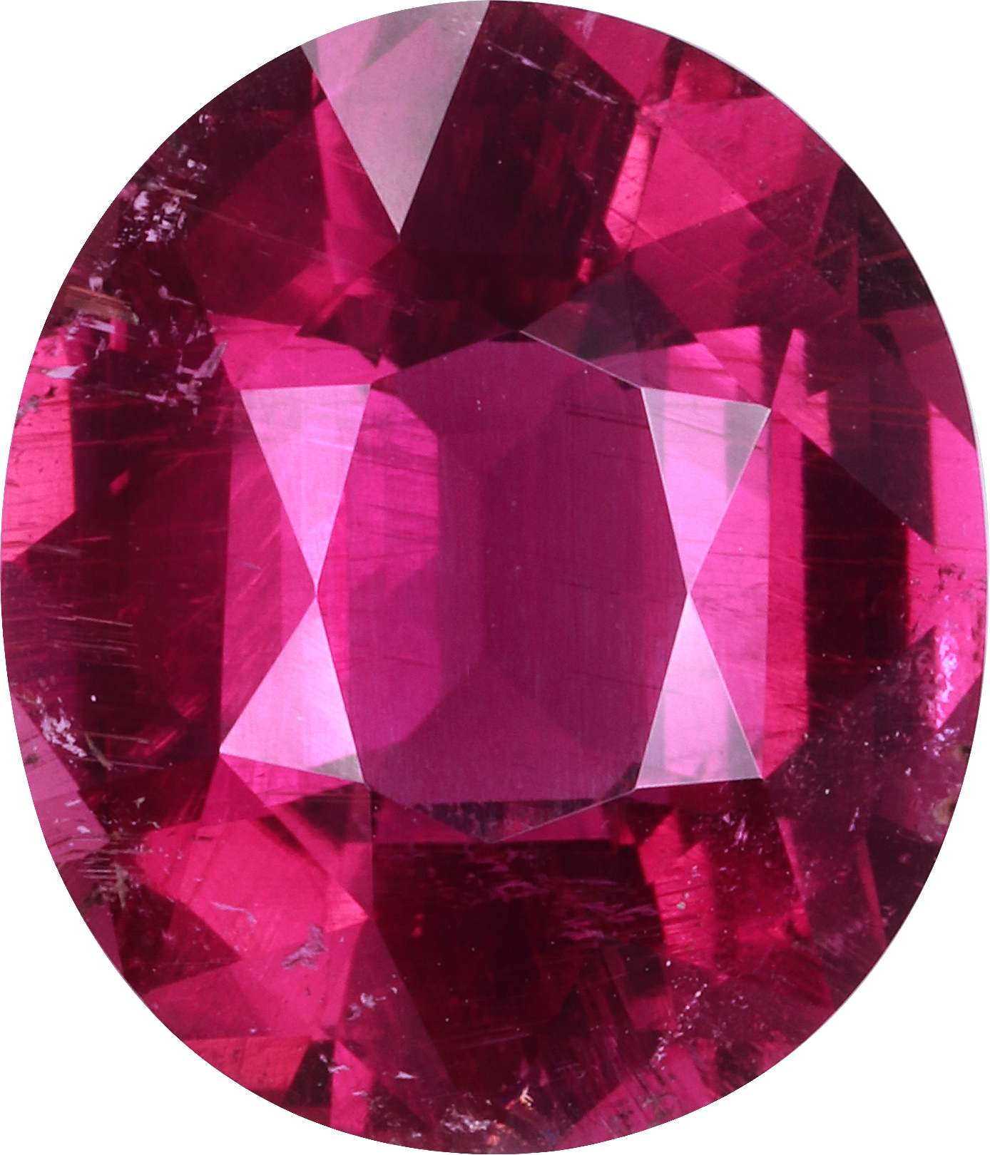 Oval cut rubellite tourmaline, 14.1 by 12 mm, shown at actual size