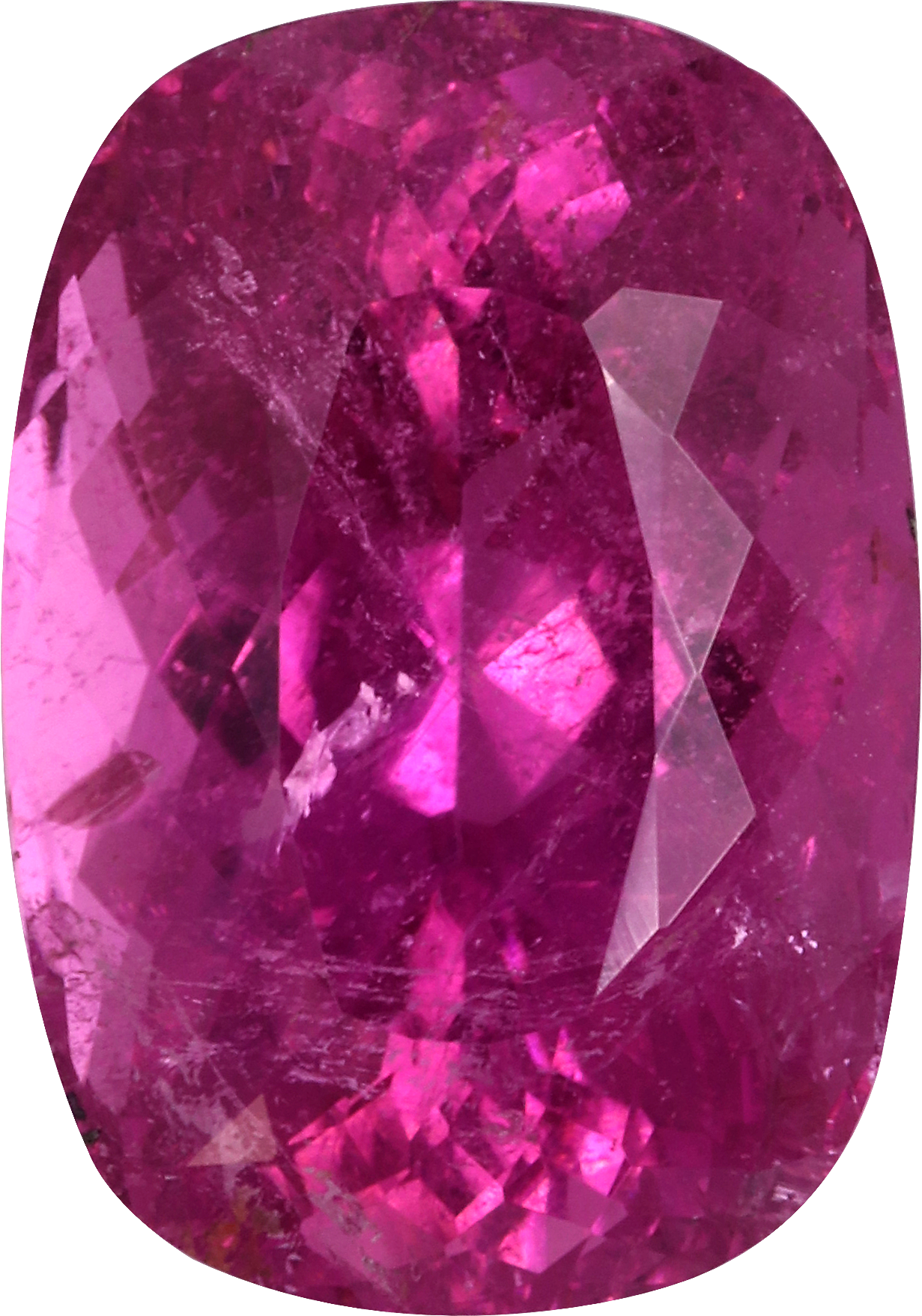 Cushion cut rubellite tourmaline, 15.2 by 10.6 mm, shown at actual size