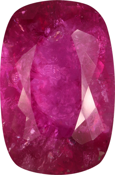 Cushion cut rubellite tourmaline, 16.8 by 11.1 mm, shown at actual size