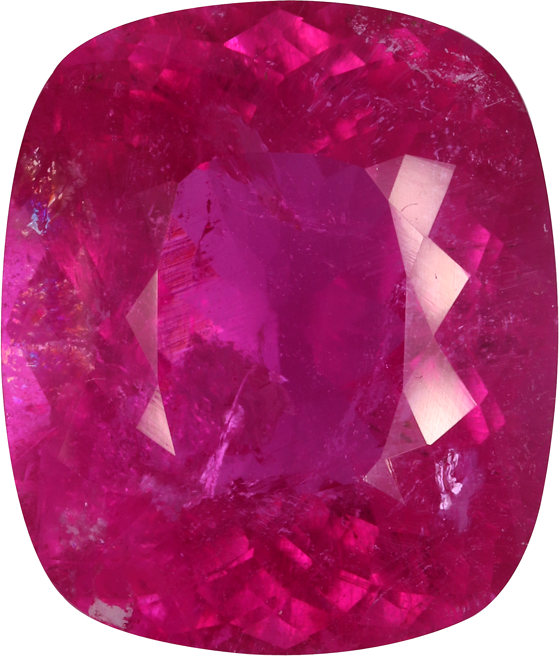 Cushion cut rubellite tourmaline, 18.97 by 16.1 mm, shown at actual size