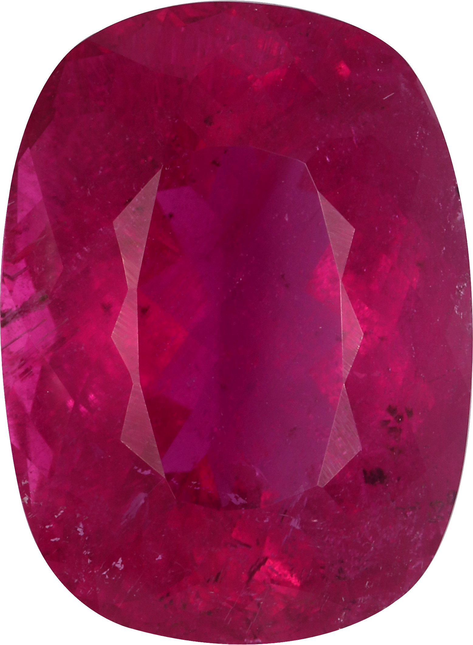 Cushion cut rubellite tourmaline, 18.3 by 13.5 mm, shown at actual size