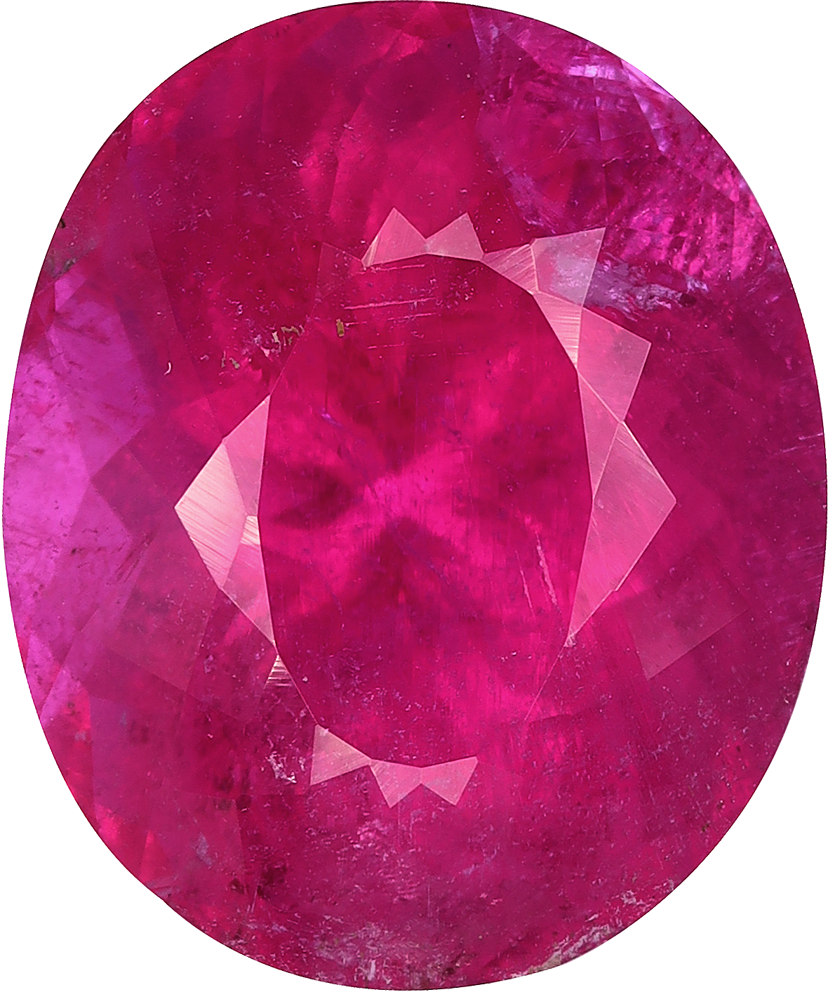 Oval cut rubellite tourmaline, 14.4 by 12.1 mm, shown at actual size