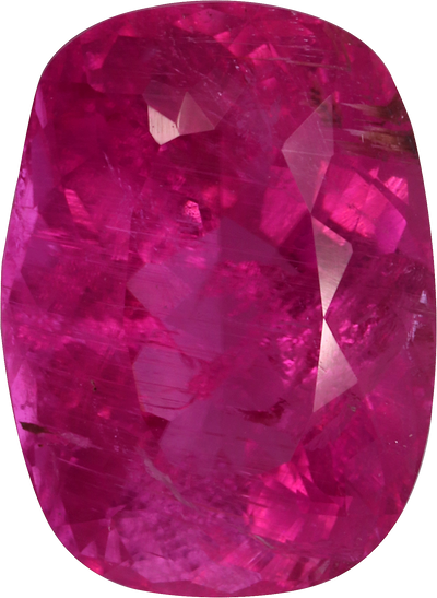 Cushion cut rubellite tourmaline, 13.08 by 9.56 mm, shown at actual size
