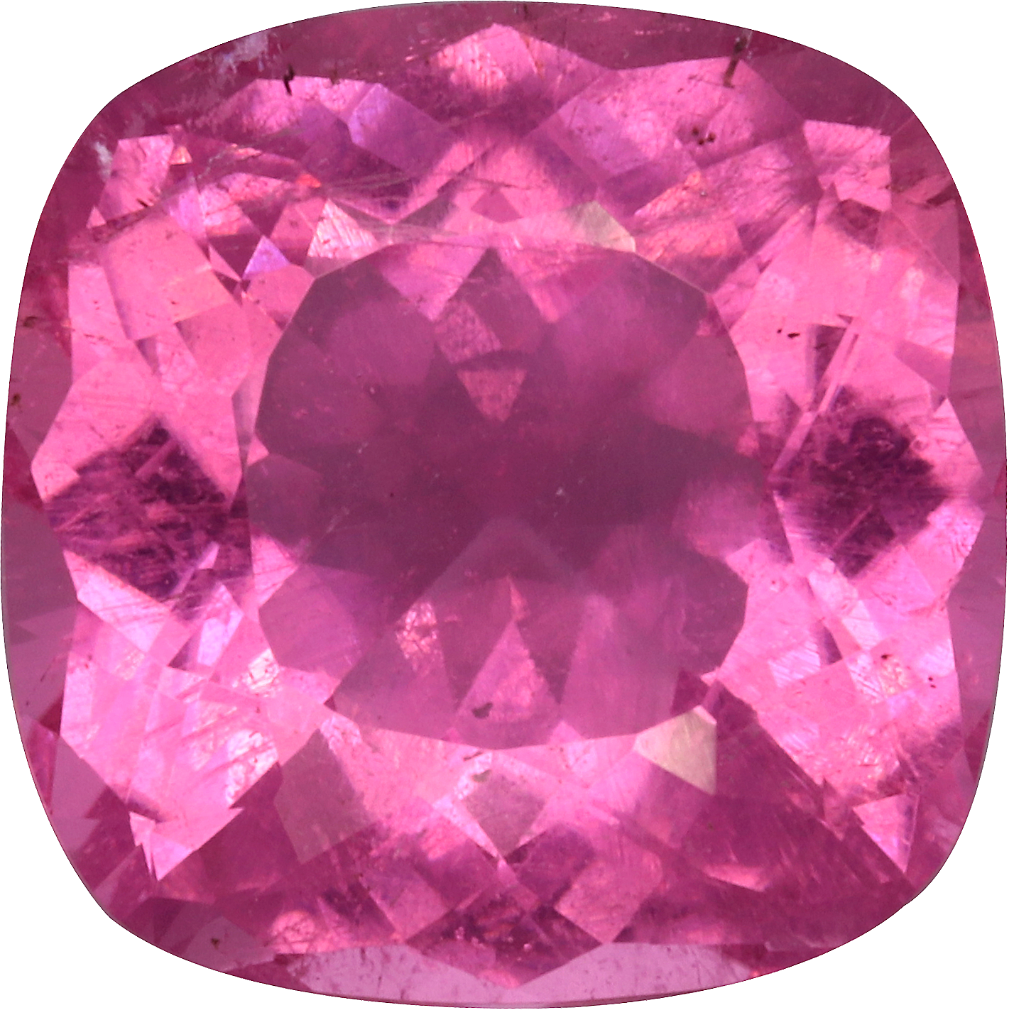 Cushion cut rubellite tourmaline, 11.14 by 11.16 mm, shown at actual size