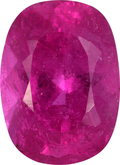 Cushion cut rubellite tourmaline, 11.22 by 8.2 mm, shown at actual size