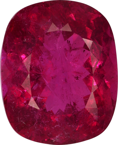 Cushion cut rubellite tourmaline, 11.49 by 9.4 mm, shown at actual size