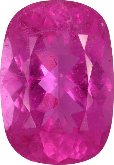 Cushion cut rubellite tourmaline, 12 by 8.3 mm, shown at actual size