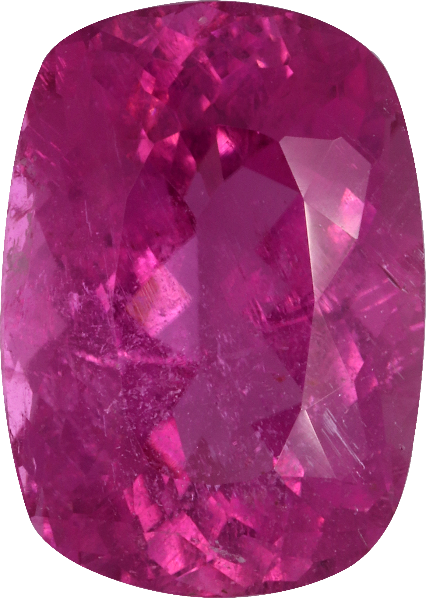 Cushion cut rubellite tourmaline, 14.2 by 10 mm, shown at actual size